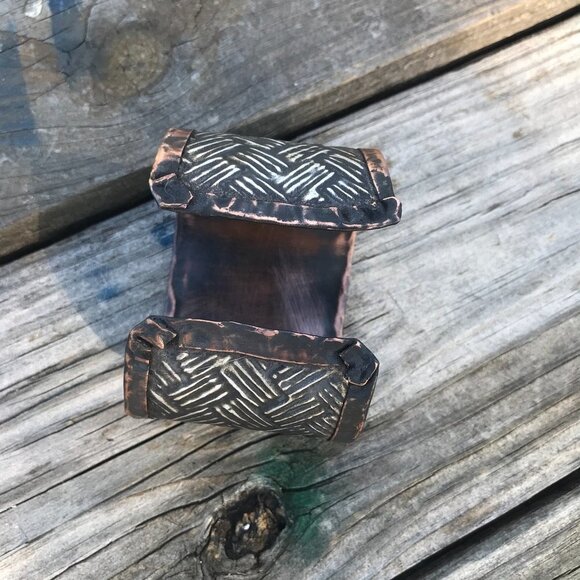 Woven Weave Embossed Sterling Silver 925 Copper Cuff Wide Rustic Handmade - Picture 11 of 13